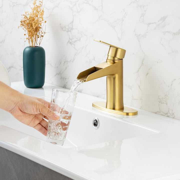 Single Handle Waterfall Spout Single Hole Bathroom Faucet with Deckplate and Drain Kit Included