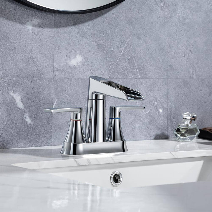 Waterfall Spout 4 in. Centerset 2-Handle Lavatory Bathroom Faucet with Drain Kit Included