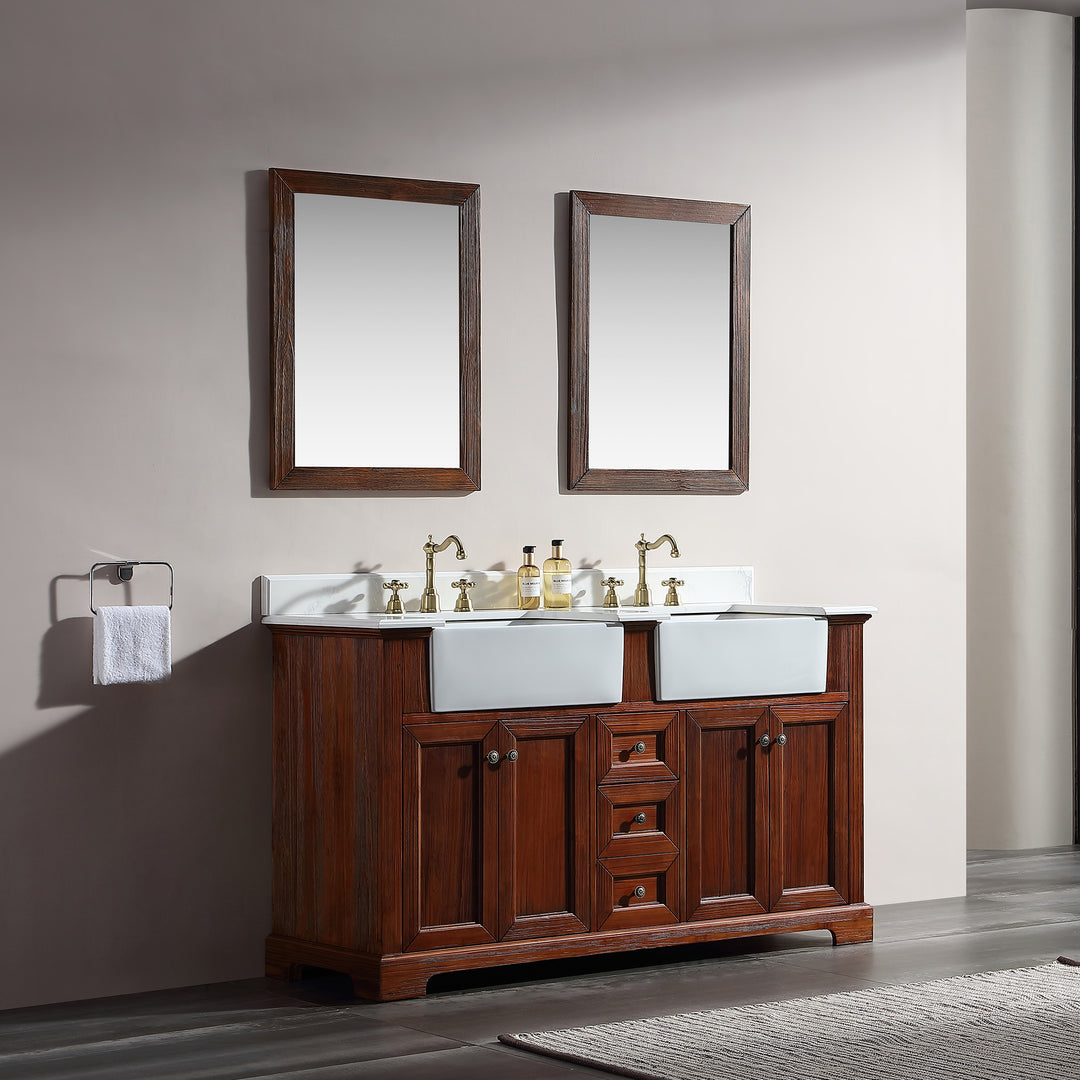 60" Freestanding Bath Vanity Wood in Brown with White Quartz Top with White Basin