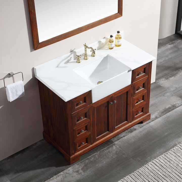 48" Freestanding Bath Vanity Wood in Brown with White Quartz Top with White Basin