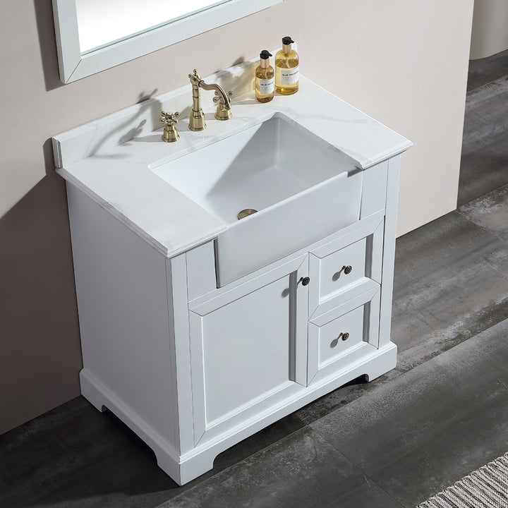 36 in. W x 22 in. D x 35 in. H Freestanding Bath Vanity Minimalist in White with White Quartz Top with White Basin