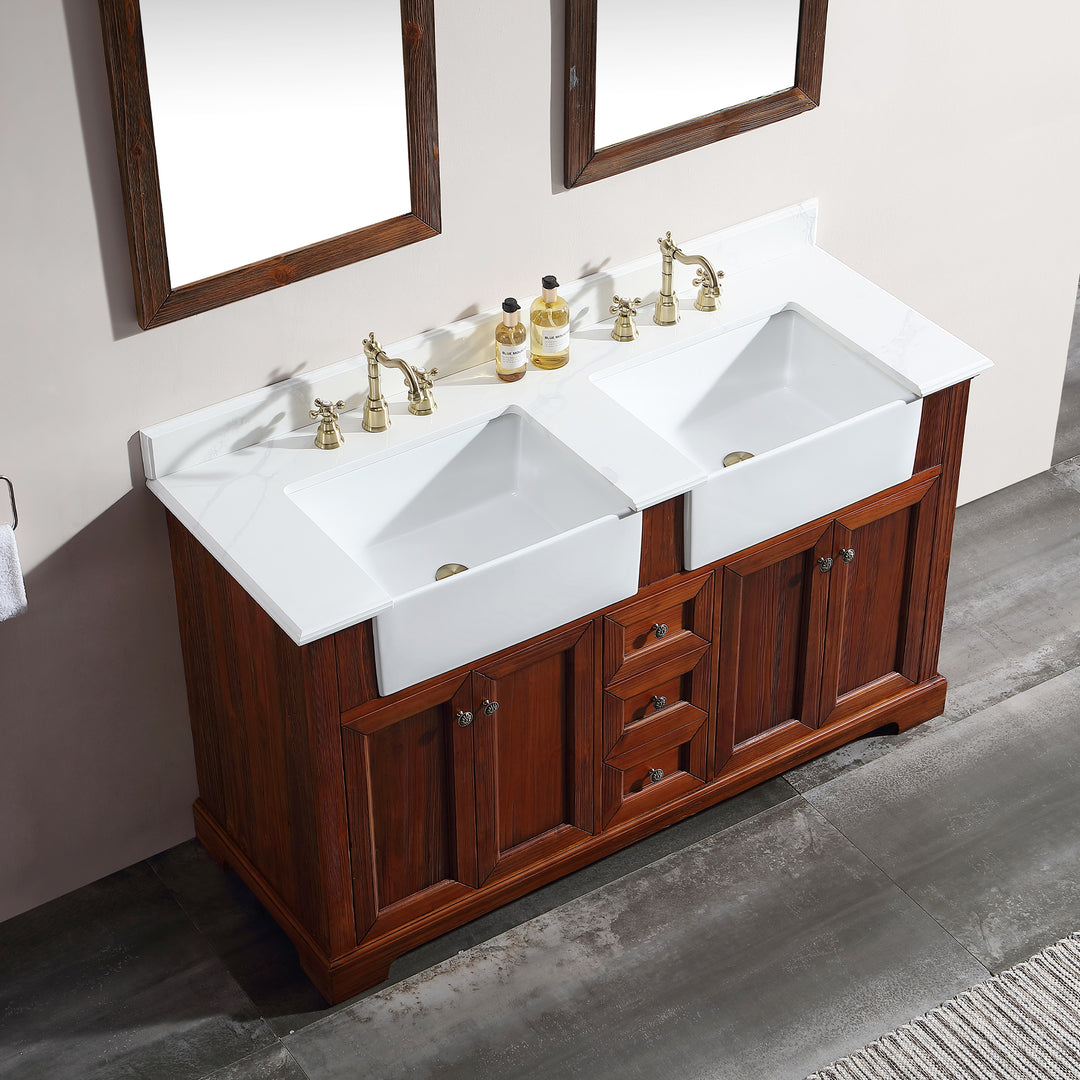 60 in. W x 22 in. D x 35 in. H Freestanding Bath Vanity Wood in Brown with White Quartz Top with White Basin