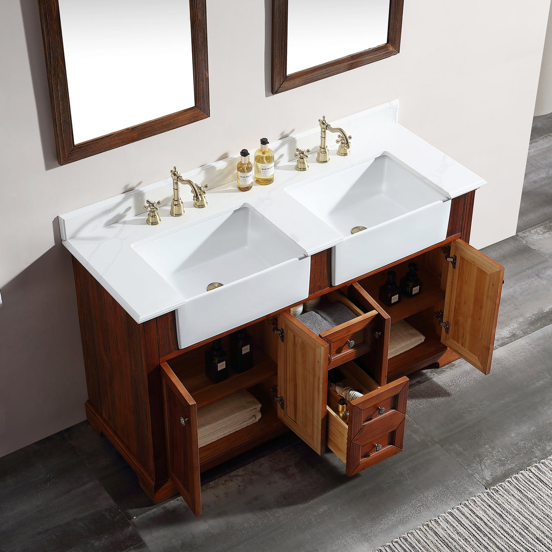60" Freestanding Bath Vanity Wood in Brown with White Quartz Top with White Basin