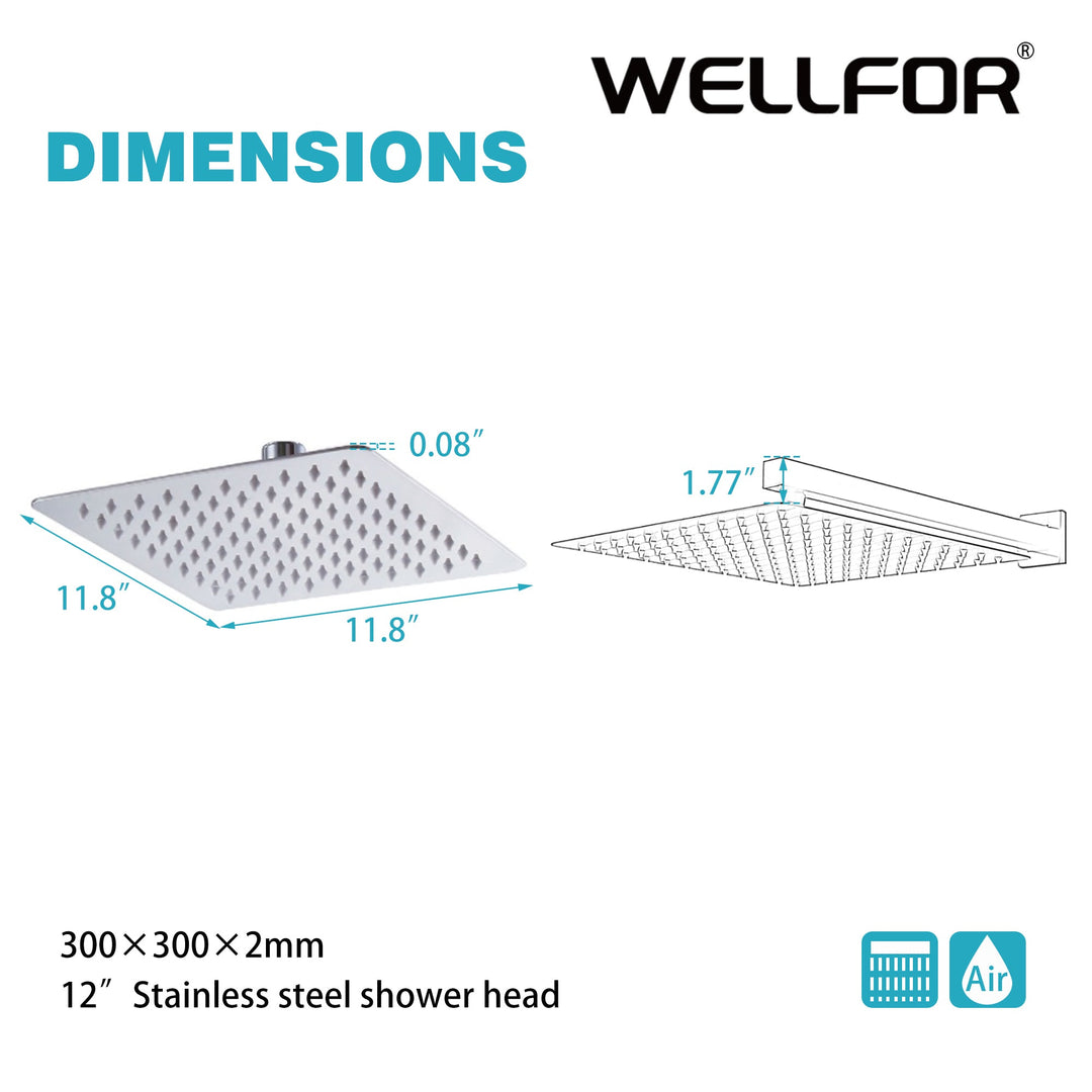 12 inch Square Stainless Steel Silicone Nozzles Shower Head