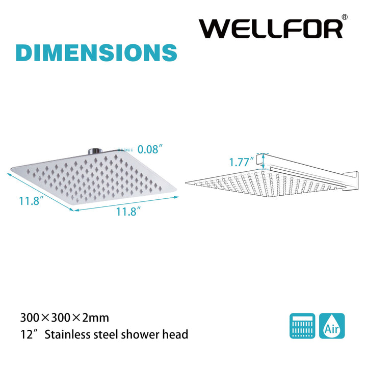 12 inch Square Stainless Steel Silicone Nozzles Shower Head
