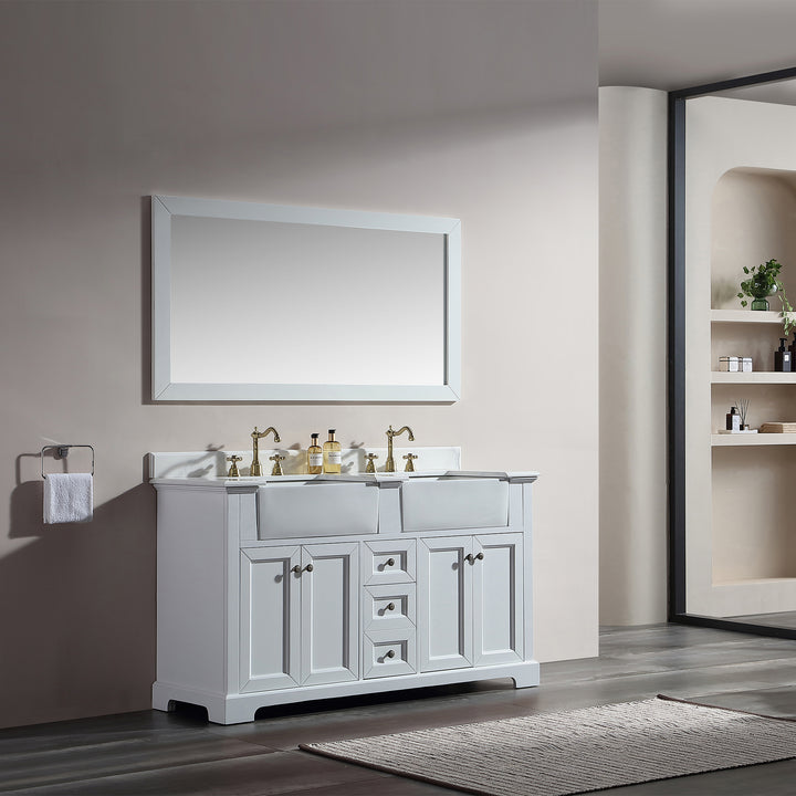 60" Freestanding Bath Vanity Minimalist in White with White Quartz Top with White Basin
