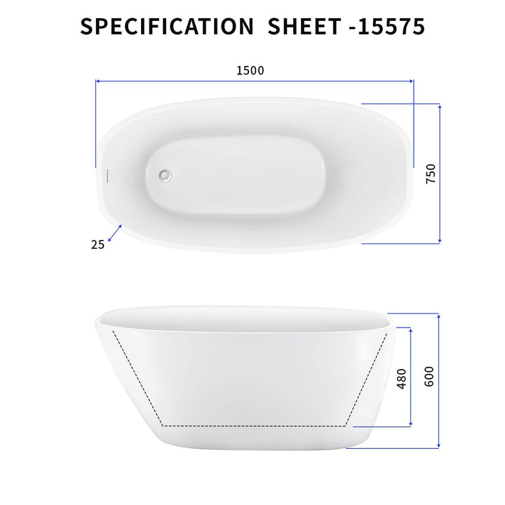 59" White Acrylic Freestanding Soaking Bathtub