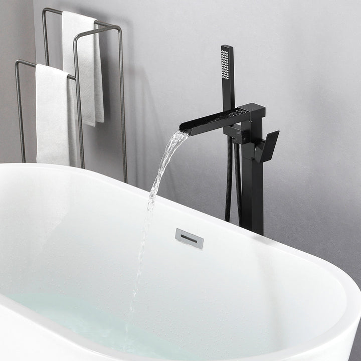 Waterfall Spout Freestanding Bath Tub Faucet Single Handle Floor Mount Filler with Hand Shower