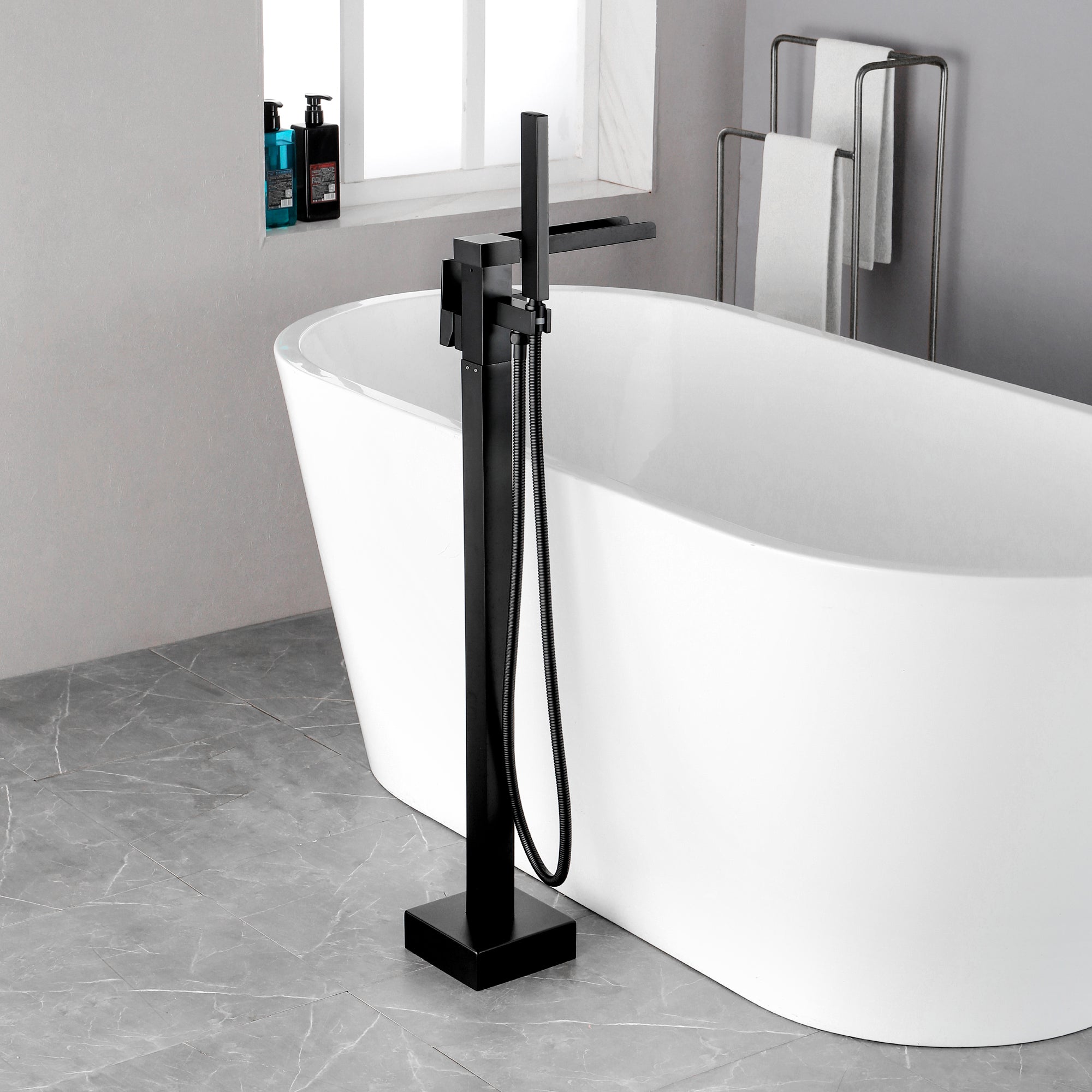 Waterfall Spout Freestanding Bath Tub Faucet Single Handle Floor Mount Filler with Hand Shower