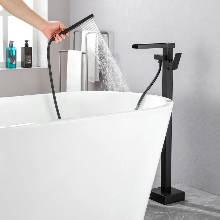 Waterfall Spout Freestanding Bath Tub Faucet Single Handle Floor Mount Filler with Hand Shower