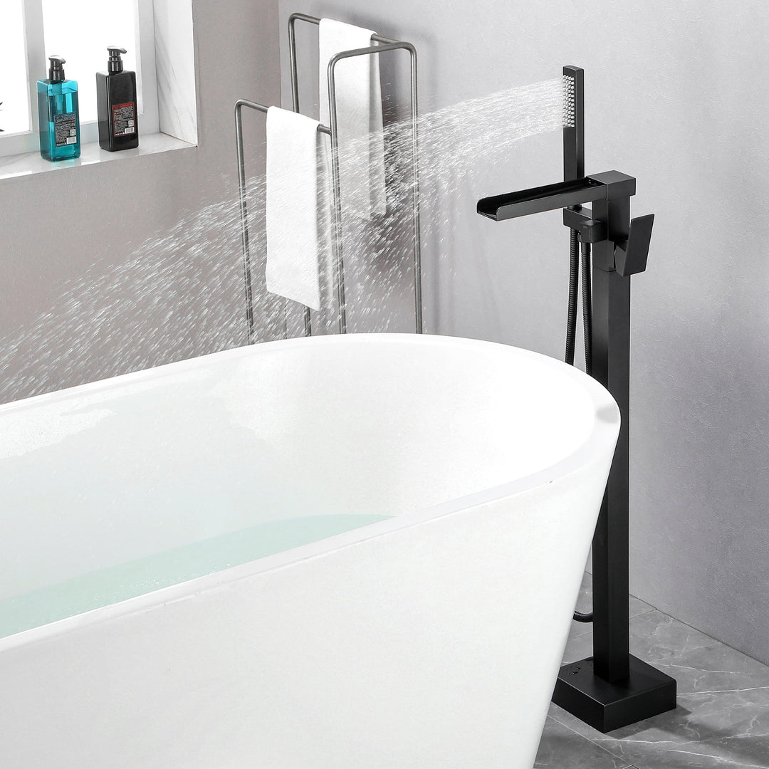 Waterfall Spout Freestanding Bath Tub Faucet Single Handle Floor Mount Filler with Hand Shower