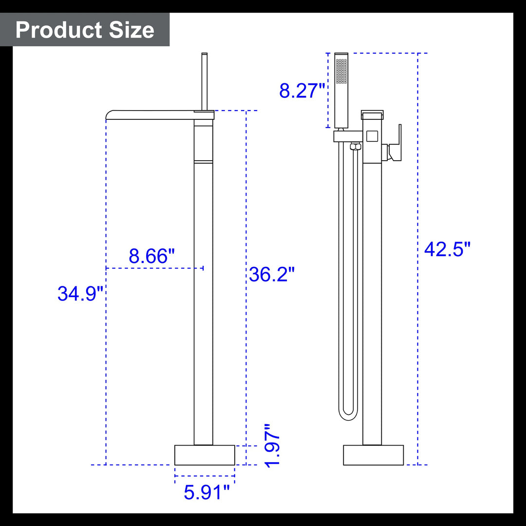 Waterfall Spout Freestanding Bath Tub Faucet Single Handle Floor Mount Filler with Hand Shower