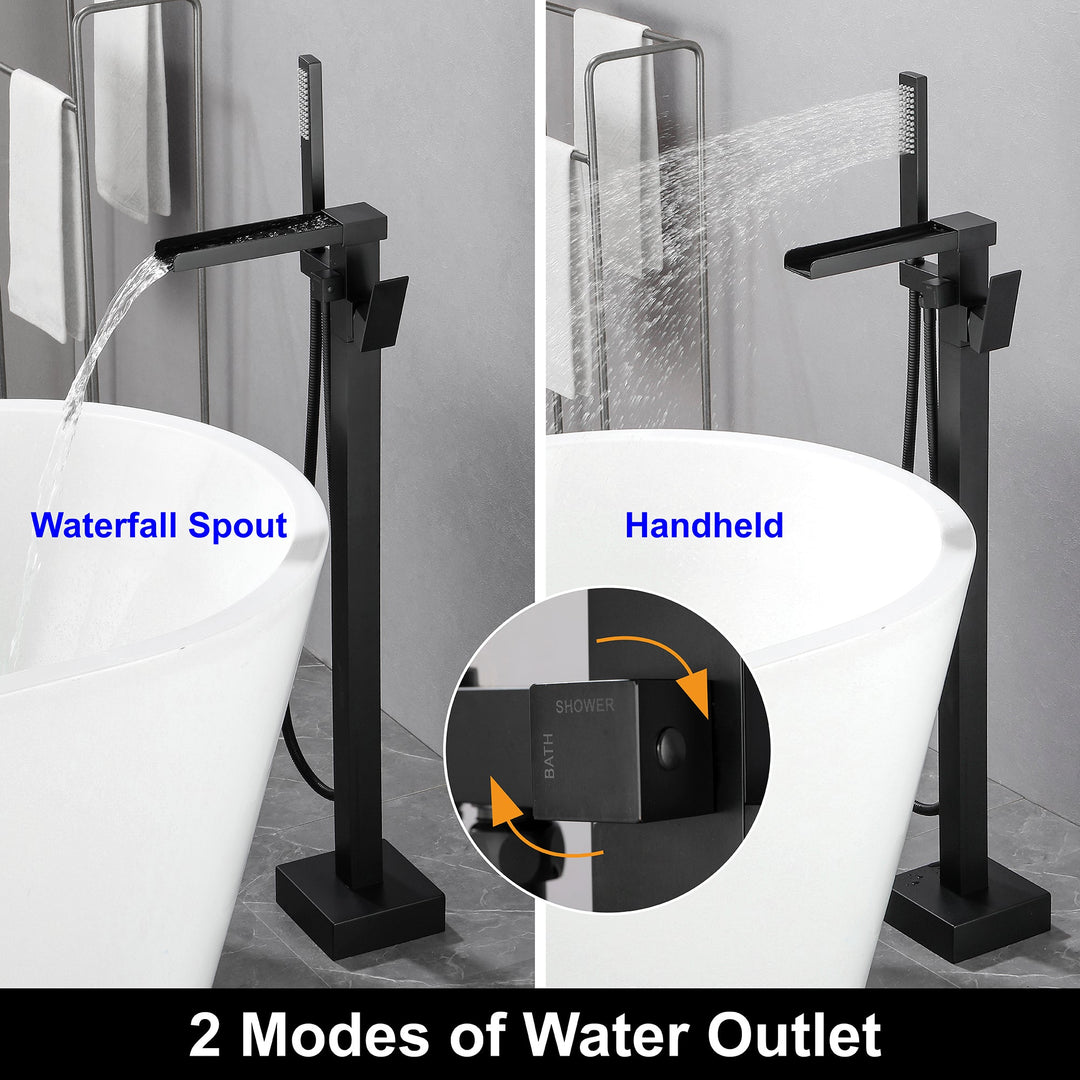 Waterfall Spout Freestanding Bath Tub Faucet Single Handle Floor Mount Filler with Hand Shower