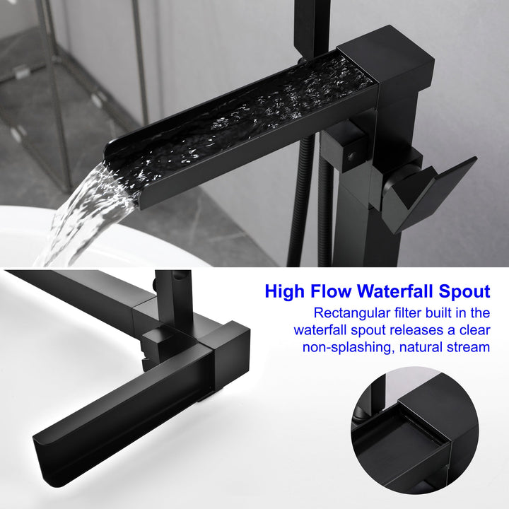 Waterfall Spout Freestanding Bath Tub Faucet Single Handle Floor Mount Filler with Hand Shower