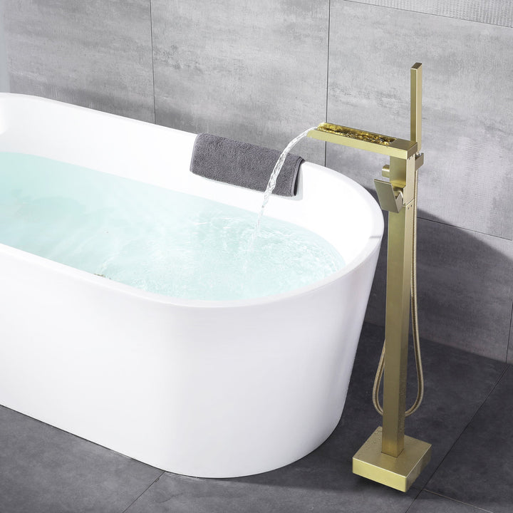 Waterfall Spout Freestanding Bath Tub Faucet Single Handle Floor Mount Filler with Hand Shower