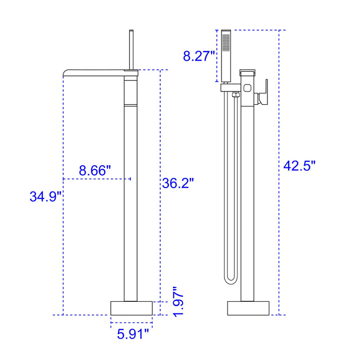 Waterfall Spout Freestanding Bath Tub Faucet Single Handle Floor Mount Filler with Hand Shower