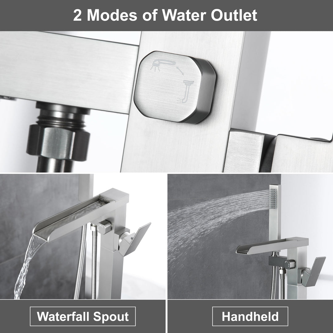 Waterfall Spout Freestanding Bath Tub Faucet Single Handle Floor Mount Filler with Hand Shower