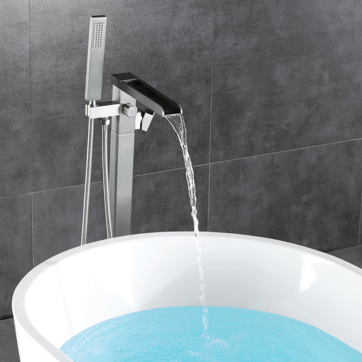 Waterfall Spout Freestanding Bath Tub Faucet Single Handle Floor Mount Filler with Hand Shower