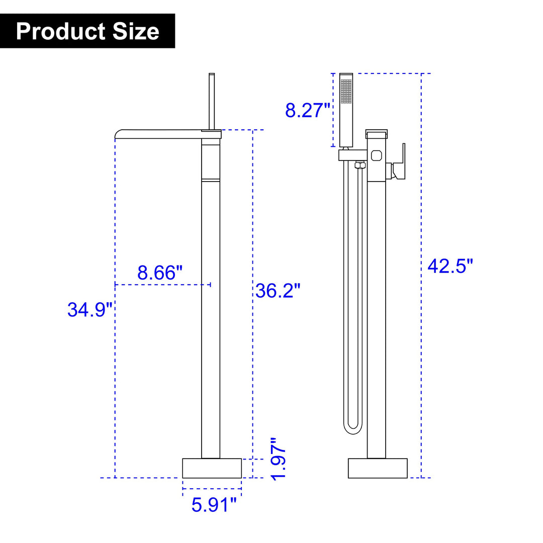 Waterfall Spout Freestanding Bath Tub Faucet Single Handle Floor Mount Filler with Hand Shower