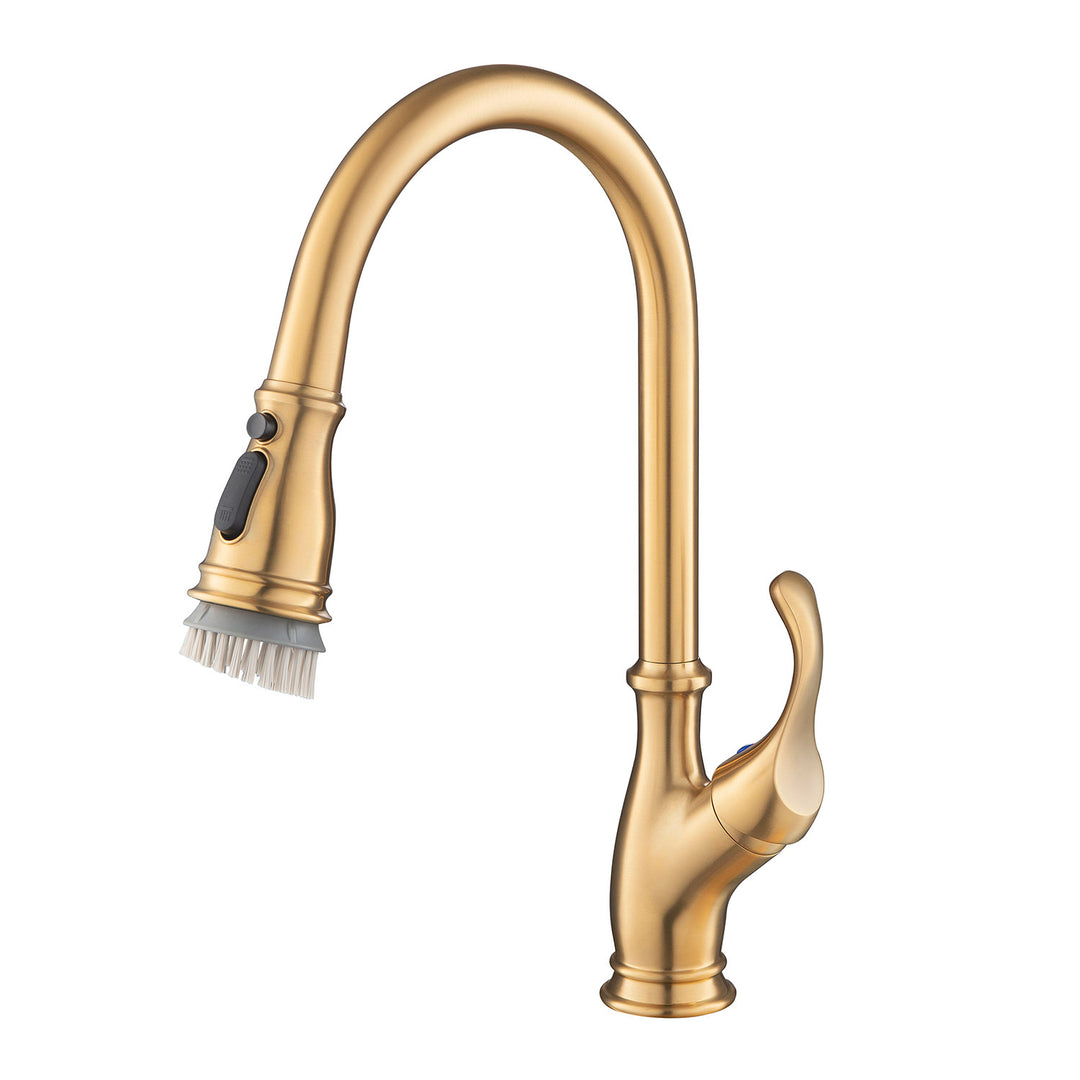Single Handle Pull Down Kitchen Faucet in Brushed Gold