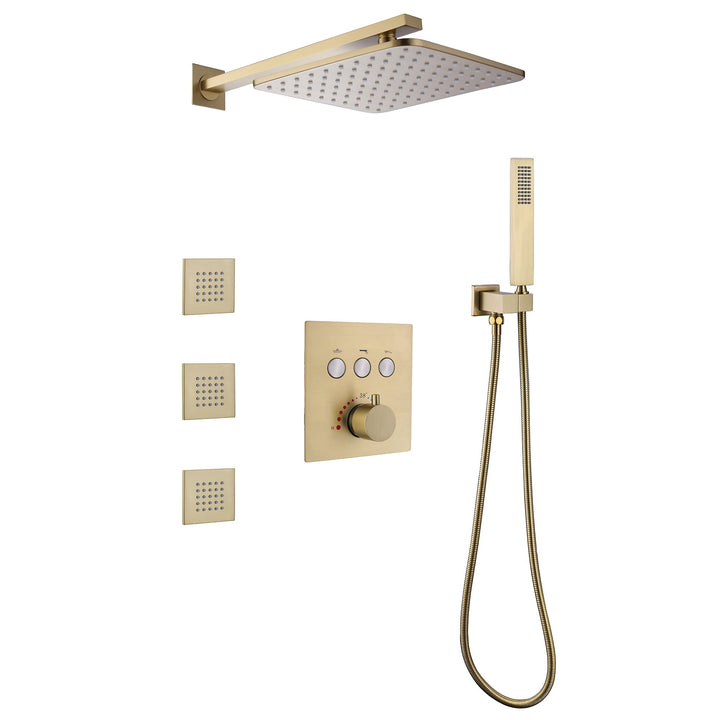 10 inch Thermostatic Rainfall Shower System With 3 PCS Body Jets Mixer Set