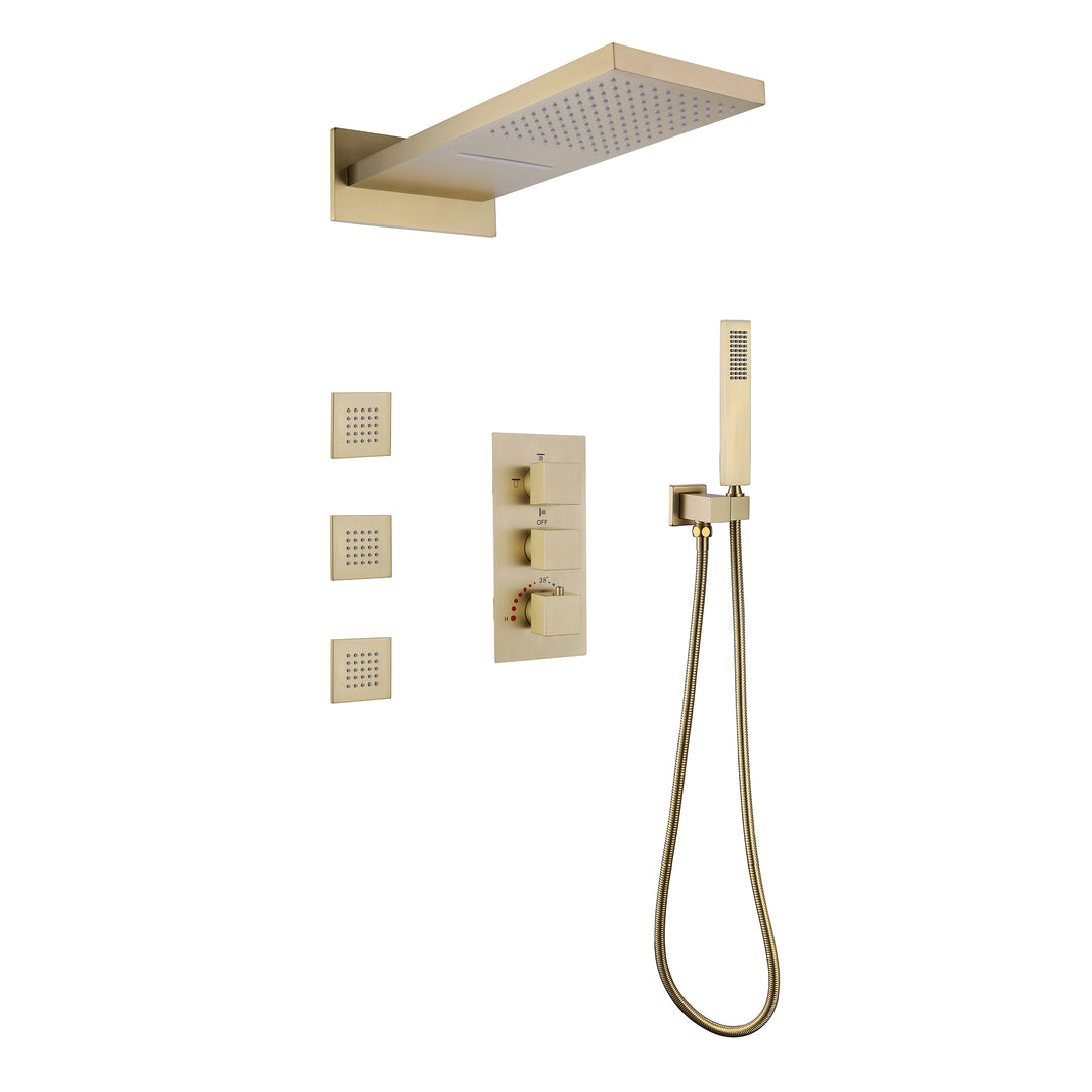 Wall Mounted Golden 3 Handle Thermostatic Shower System With 3 Body Jets
