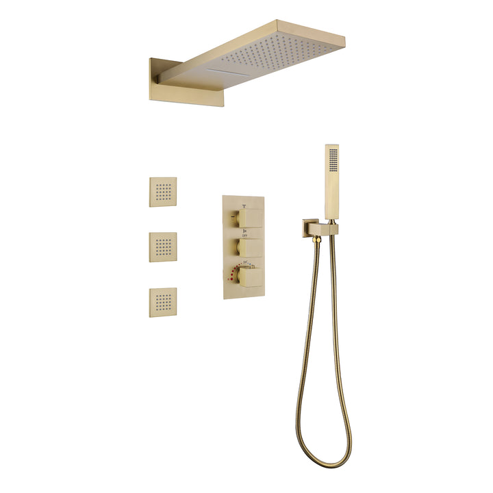 Wall Mounted Golden 3 Handle Thermostatic Shower System With 3 Body Jets