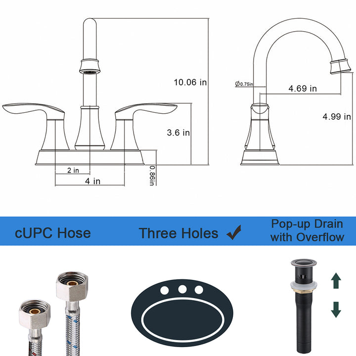 2-Handle 4-Inch Oil Rubbed Bronze Bathroom Vanity Sink Faucets with Pop-up Drain and Supply Hoses 