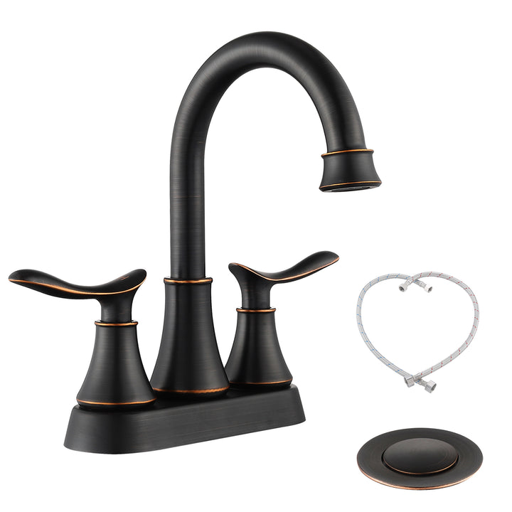 2-Handle 4-Inch Oil Rubbed Bronze Bathroom Faucet  With Pop-up Drain And Supply Hoses 
