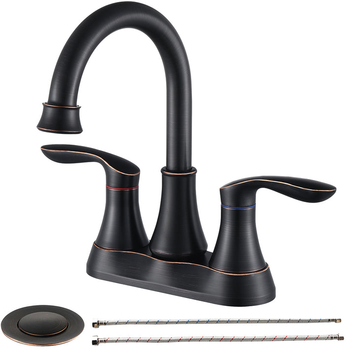 2-Handle 4-Inch Oil Rubbed Bronze Bathroom Vanity Sink Faucets with Pop-up Drain and Supply Hoses 