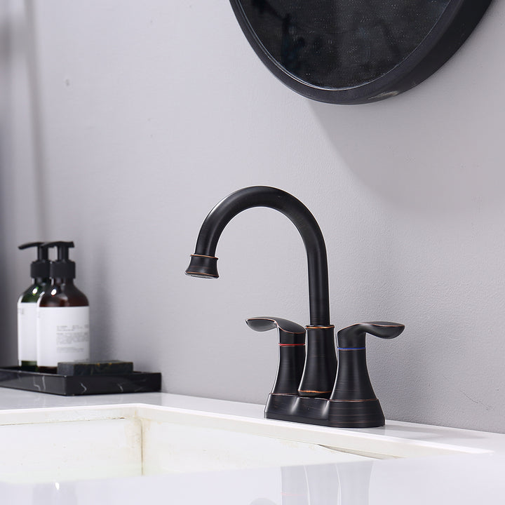 2-Handle 4-Inch Oil Rubbed Bronze Bathroom Vanity Sink Faucets with Pop-up Drain and Supply Hoses 