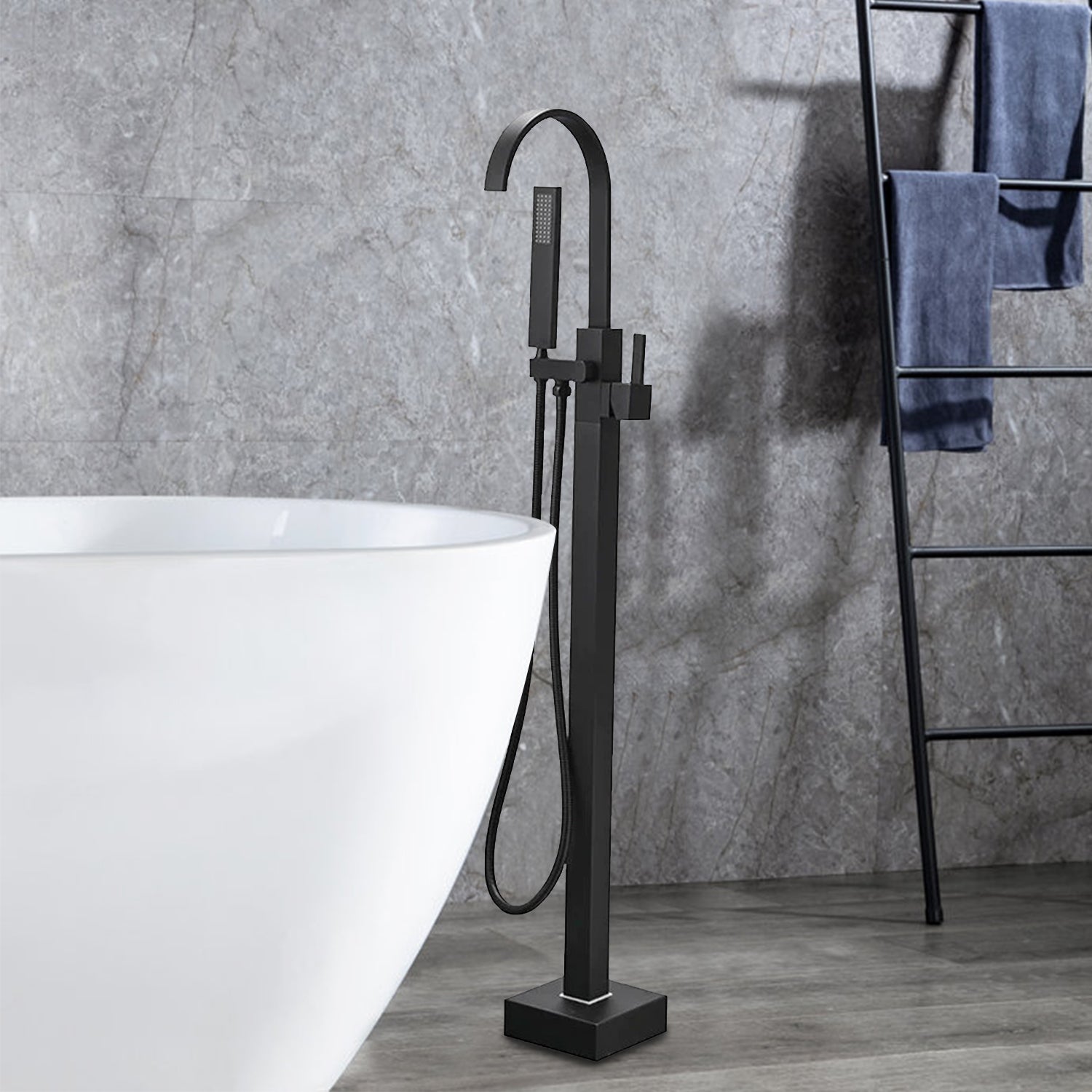 Free Standing Tub Faucet Floor Bathroom Shower in Matte Black