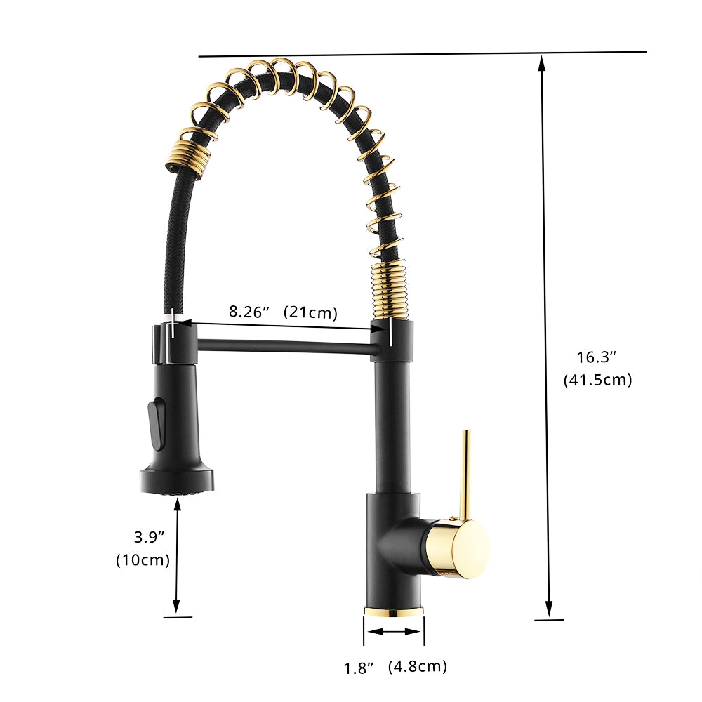 Spring Pull Down Kitchen Faucet with Sprayer in Black and Gold