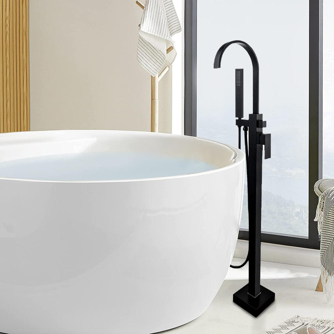 Freestanding Single-Handle Floor Mount Tub Faucet Bathtub Filler with Hand Shower in Matte Black