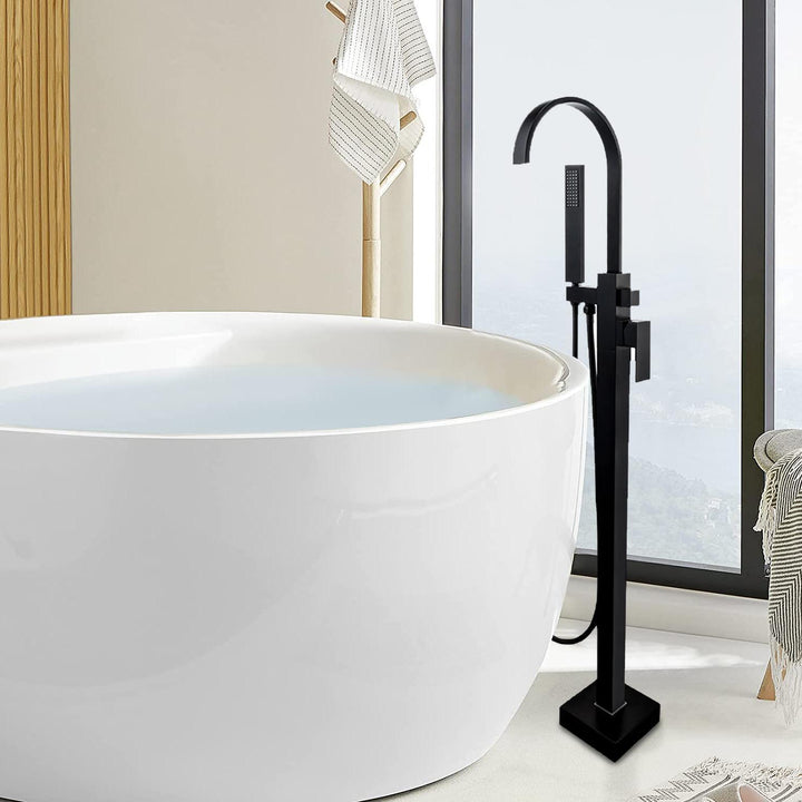 Freestanding Single-Handle Floor Mount Tub Faucet Bathtub Filler with Hand Shower in Matte Black
