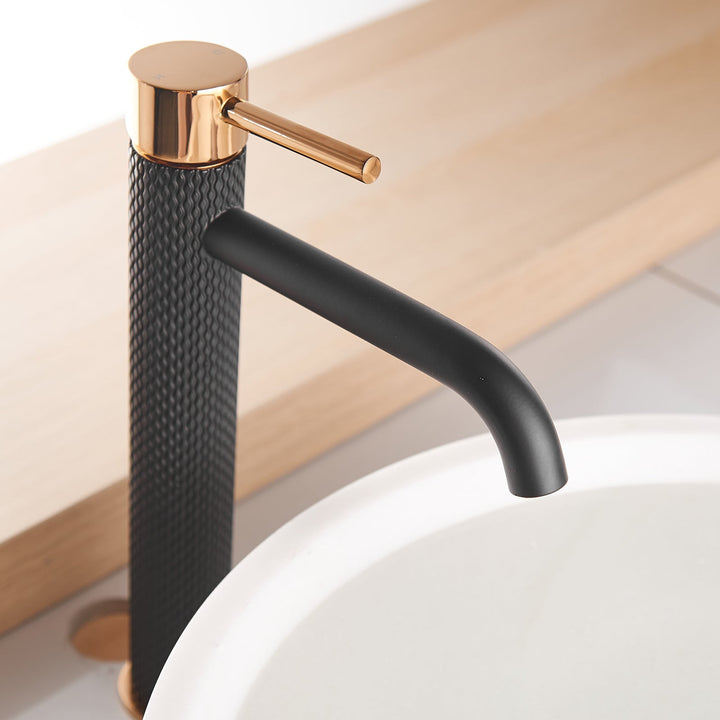 Single Handle Single Hole High Arc Deck Mount Bathroom Faucet with Supply Line in Matte Black