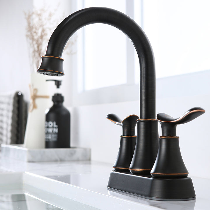 2-Handle 4-Inch Oil Rubbed Bronze Bathroom Faucet  With Pop-up Drain And Supply Hoses 