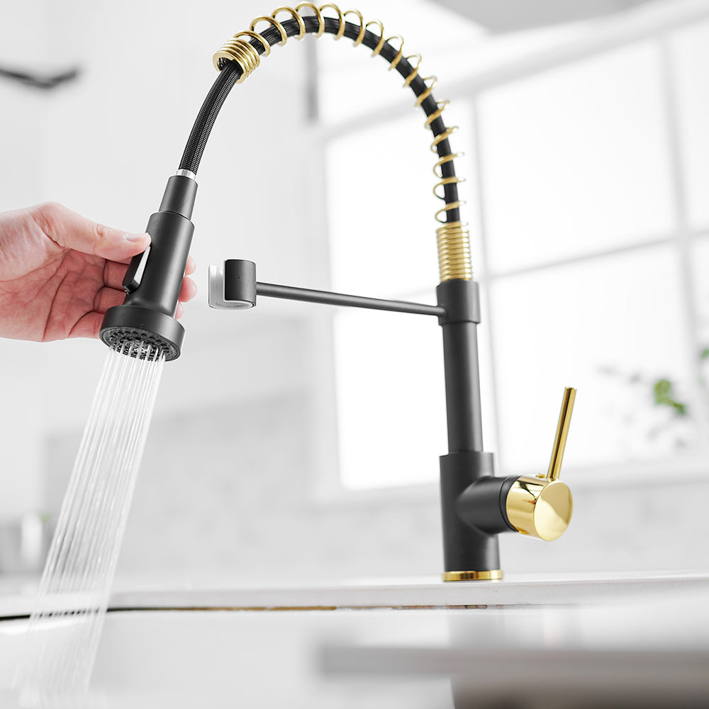 Spring Pull Down Kitchen Faucet with Sprayer in Black and Gold
