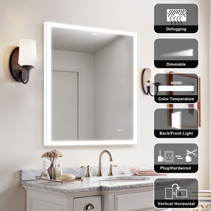 28 in. W x 36 in. H LED Light Mirror Rectangular Fog Free Frameless Bathroom Vanity Mirror