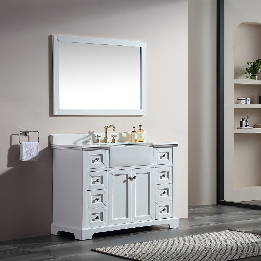 48" Freestanding Bath Vanity Minimalist in White  with White Quartz Top with White Basin