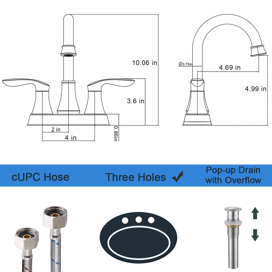 2-Handle 4-Inch Bathroom Vanity Sink Faucets with Pop-up Drain and Supply Hoses