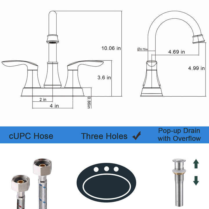 2-Handle 4-Inch Bathroom Vanity Sink Faucets with Pop-up Drain and Supply Hoses