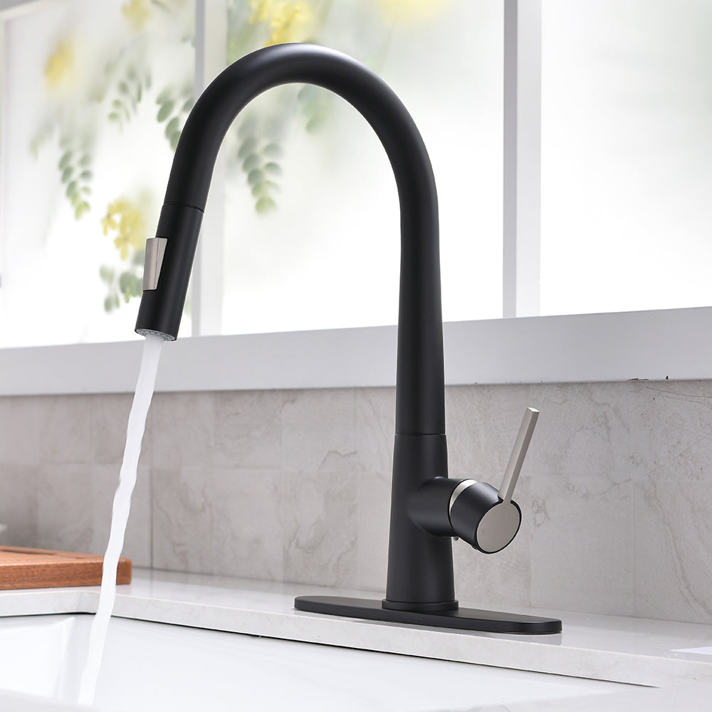 Single Handle Deck Mount Gooseneck Pull Down Sprayer Kitchen Faucet in Black