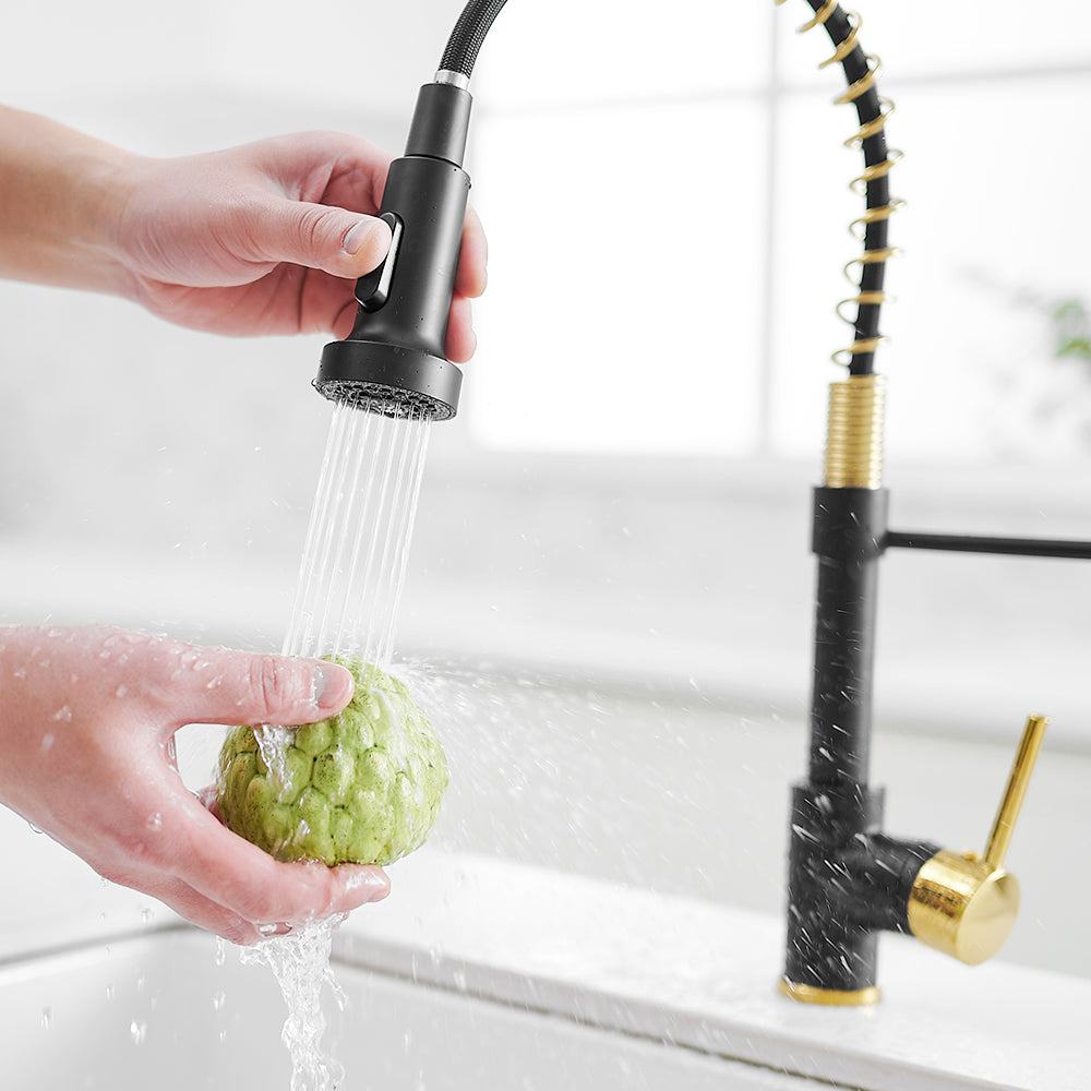 Spring Pull Down Kitchen Faucet with Sprayer in Black and Gold