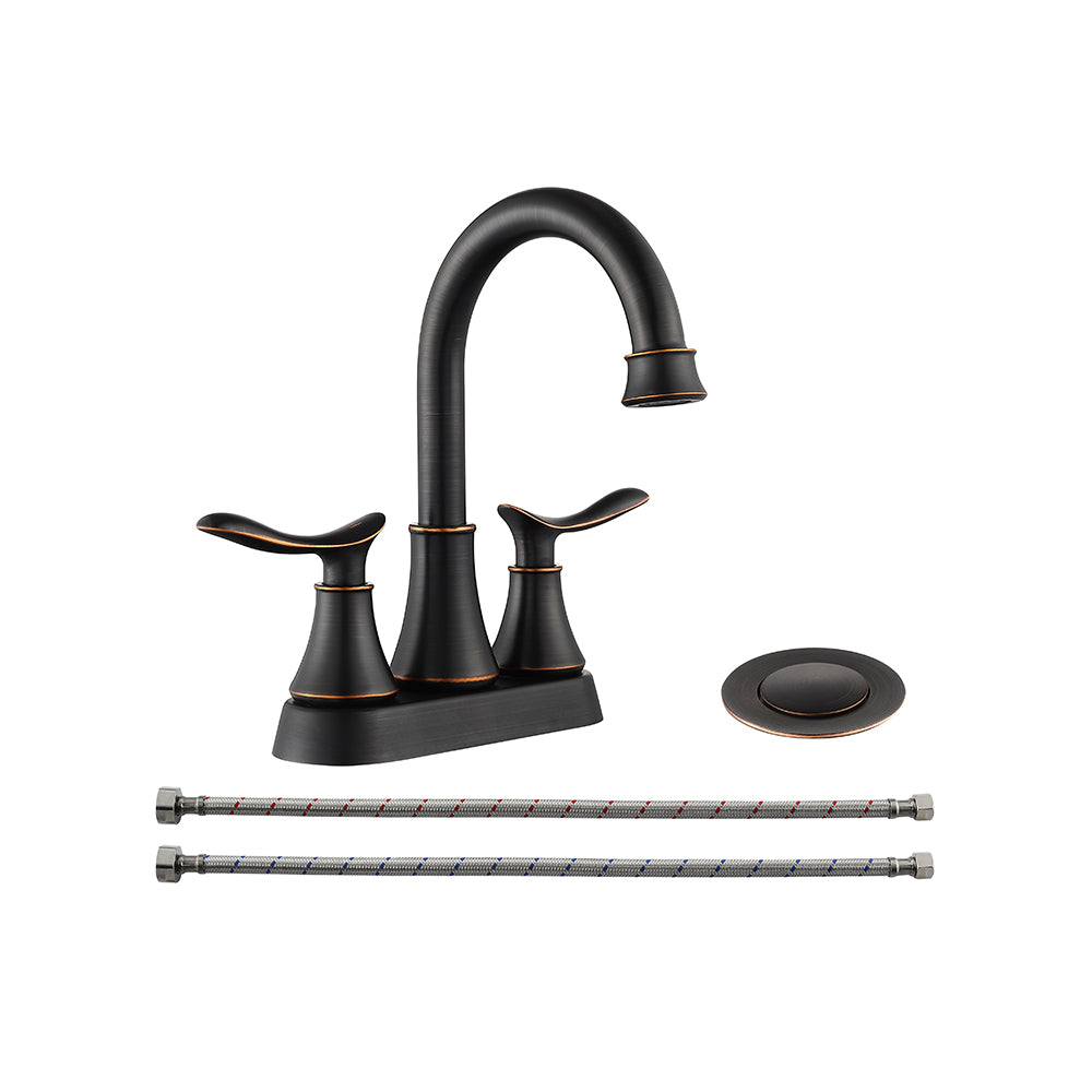 2-Handle 4-Inch Oil Rubbed Bronze Bathroom Faucet  With Pop-up Drain And Supply Hoses 