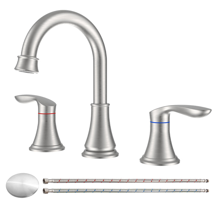 2-Handle 8 inch Widespread Bathroom Sink Faucet 3 Hole 360° Swivel Spout Vanity Sink Basin Faucets with Pop Up Drain Assembly