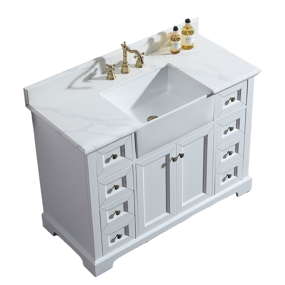 48" Freestanding Bath Vanity Minimalist in White  with White Quartz Top with White Basin