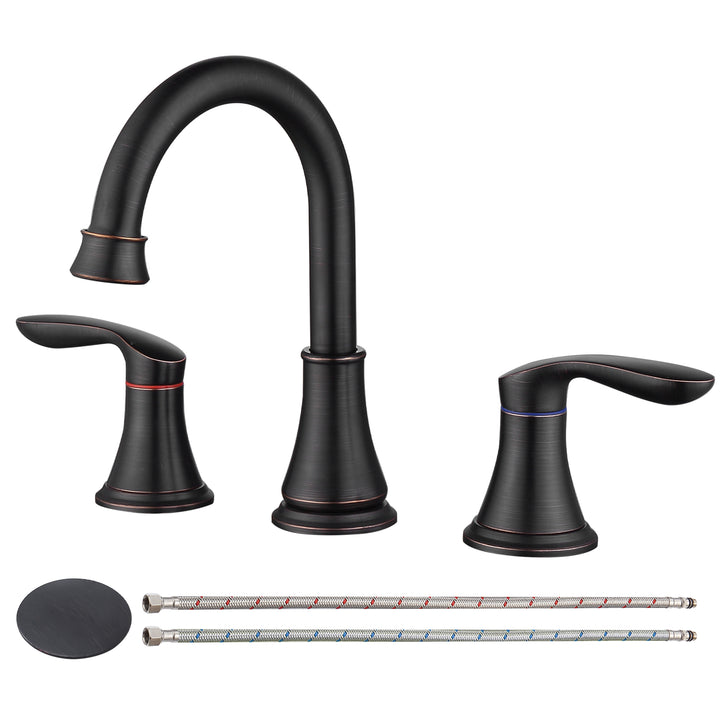 2-Handle 8 inch Widespread Bathroom Sink Faucet 3 Hole 360° Swivel Spout Vanity Sink Basin Faucets with Pop Up Drain Assembly
