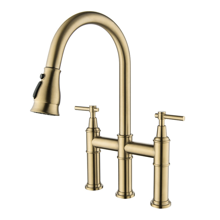 3 Hole Bridge Kitchen Faucet with Pull Down Sprayer Brushed Gold