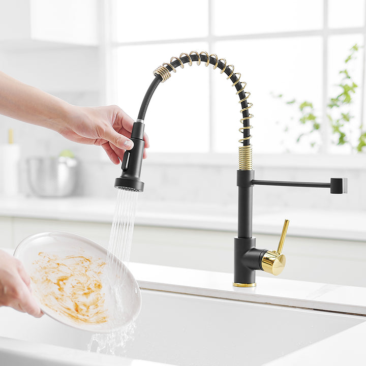 Black And Gold Spring Pull Down Kitchen Faucet